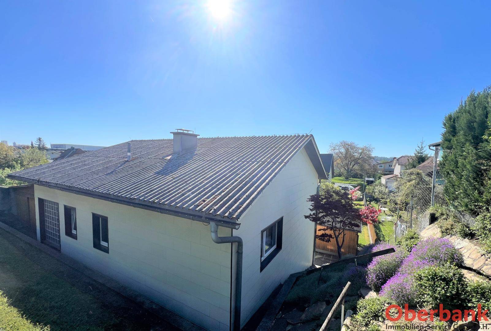 Seitenansicht des Hauses mit einem gepflegten Gartenbereich und blühenden Pflanzen.