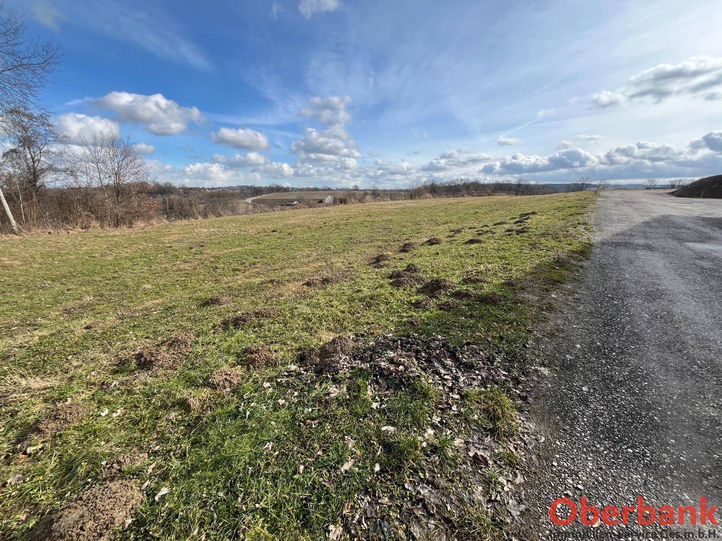 Weitläufiges, grünes Grundstück neben einem Schotterweg mit Blick auf die hügelige Landschaft.