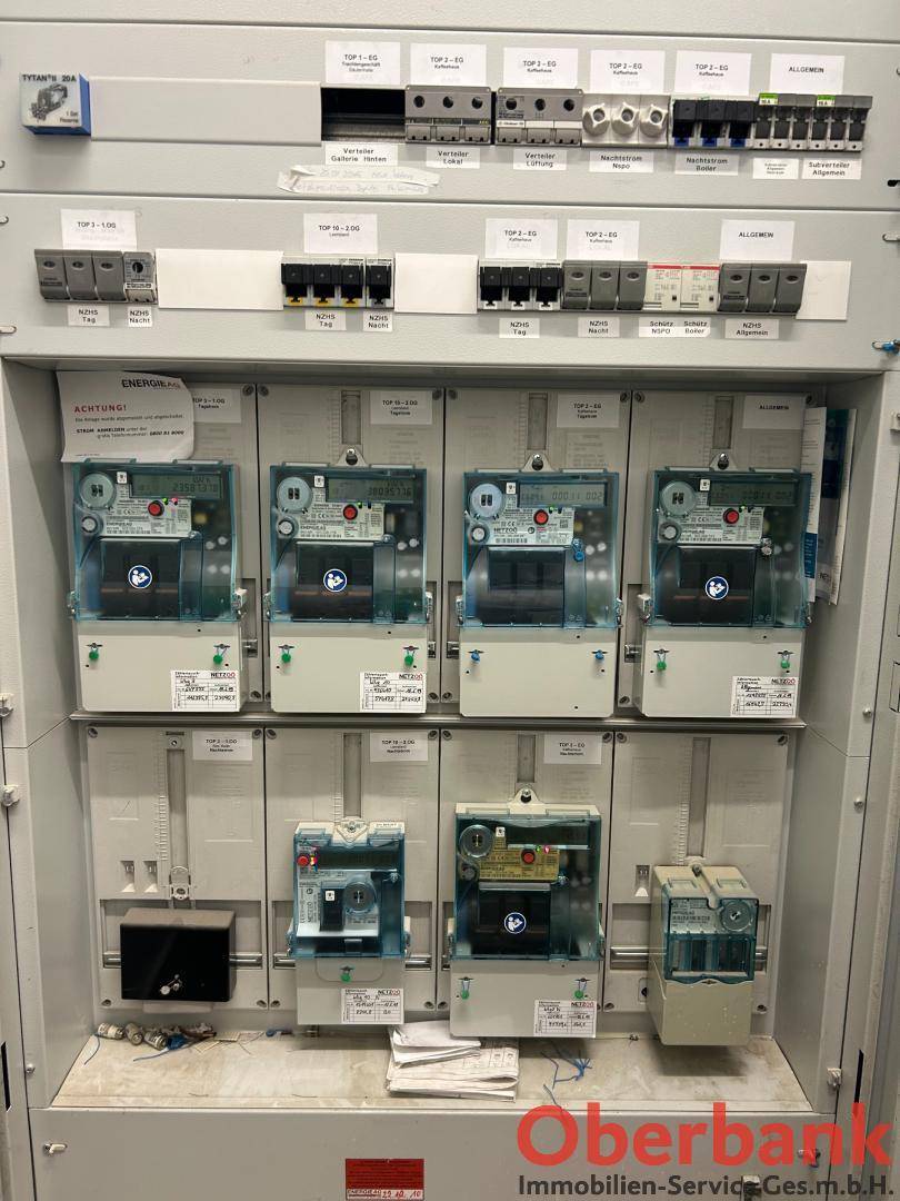 Übersichtlicher Elektroschrank mit mehreren Stromzählern und Sicherungen in einem Technikraum.