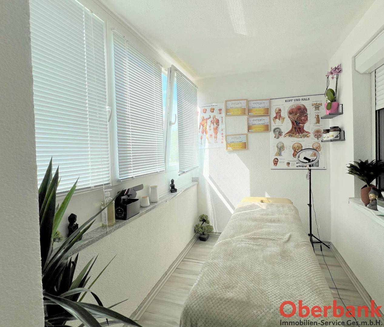 Heller Raum mit großen Fenstern, Liege und anatomischen Wandtafeln, ideal als Behandlungszimmer.
