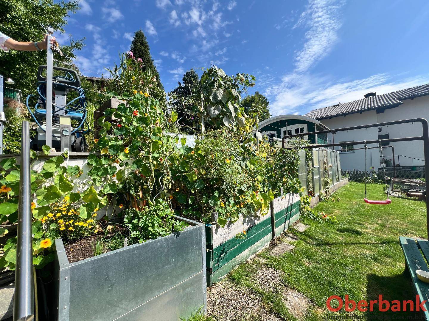 Grüner Gartenbereich mit Hochbeeten, Schaukel und vielfältiger Bepflanzung.