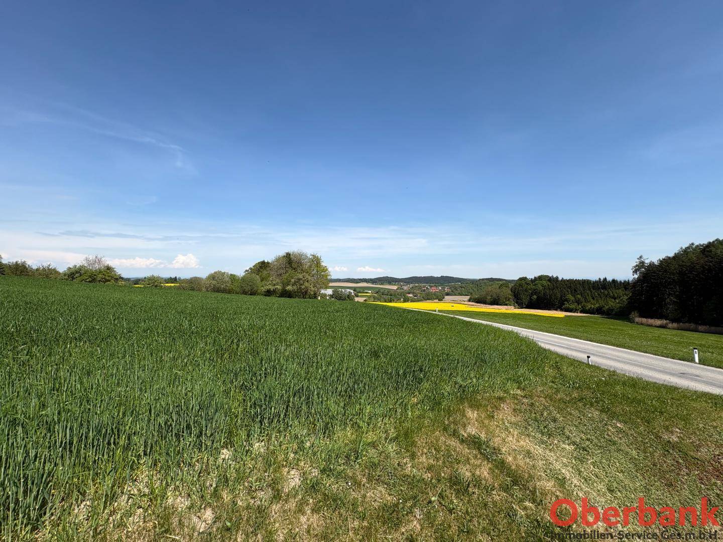 Idyllische Landschaft mit weiten Feldern, einer Landstraße und einem Dorf in der Ferne unter blauem Himmel.