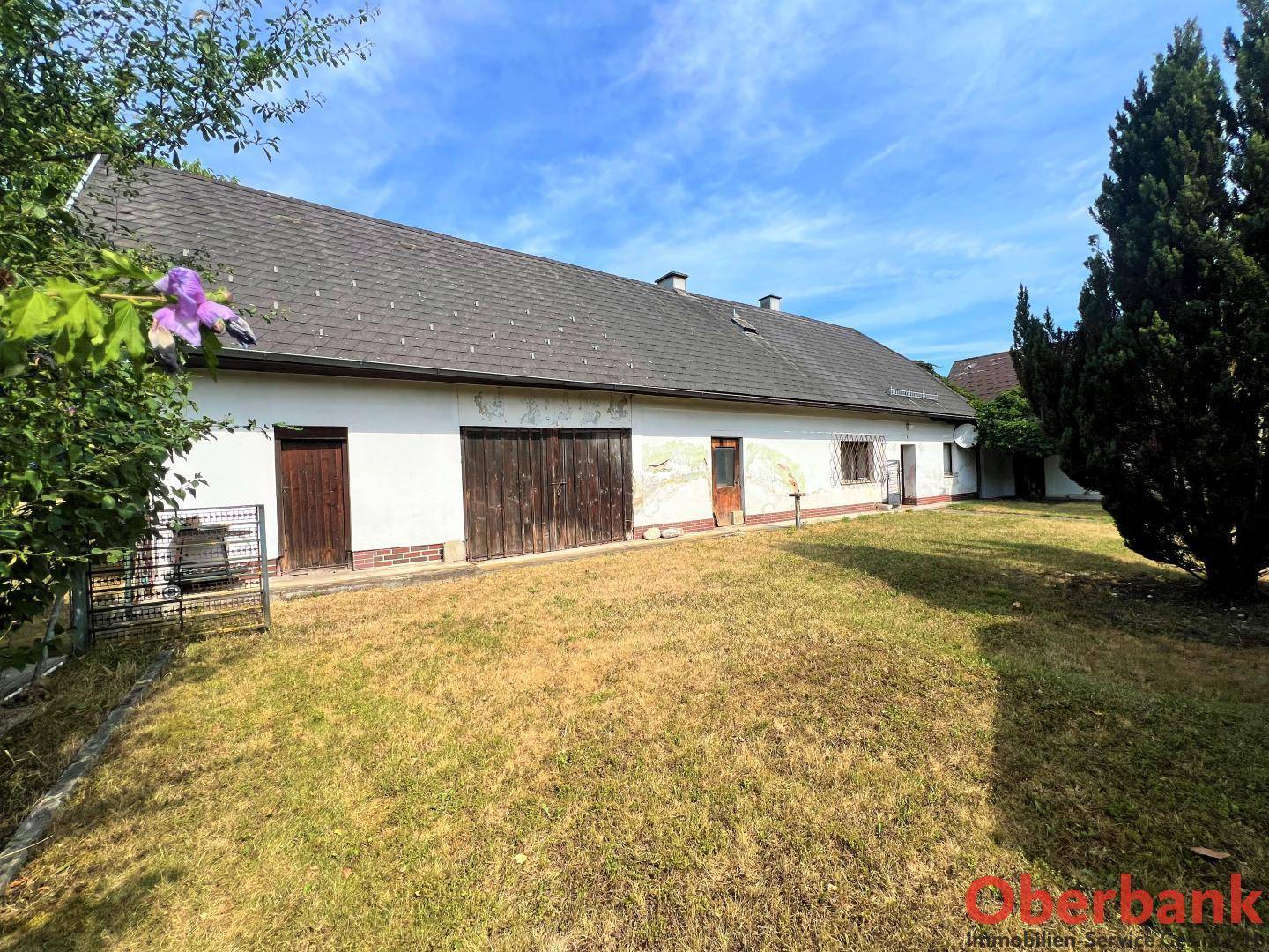 Rückseite des Hauses mit großer Scheunentür und trockenem Rasen unter klarem Himmel.