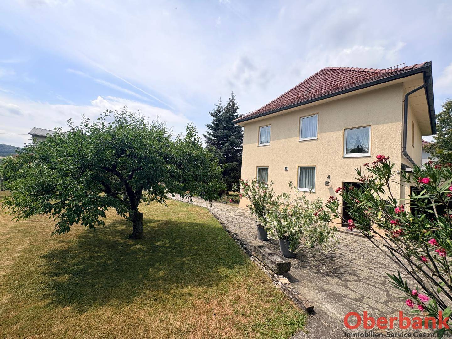 Seitenansicht des Hauses mit einem großen Baum, gepflegtem Rasen und einer gepflasterten Zufahrt.