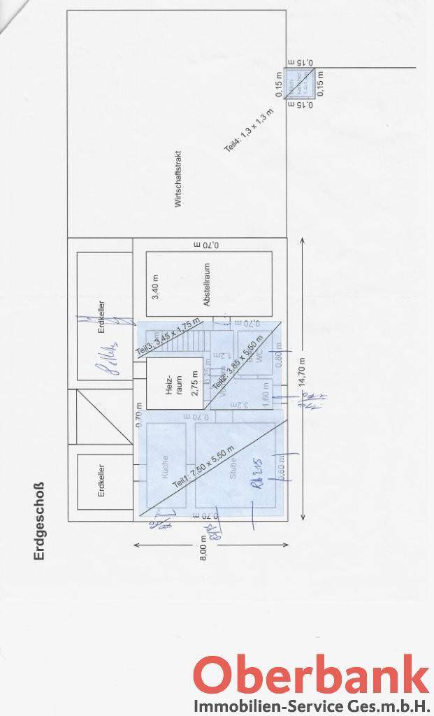 Grundriss des Erdgeschosses mit Raumaufteilung, Abstellraum und Erdkeller, übersichtlich dargestellt.
