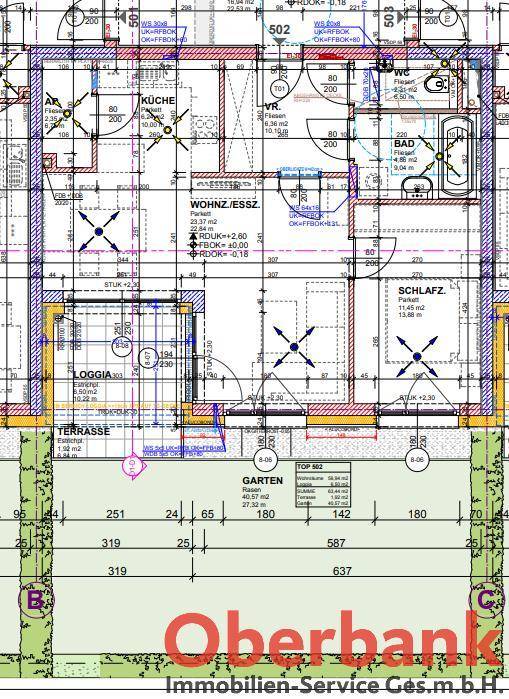 Detaillierter Grundriss einer Wohnung mit Wohn-/Essbereich, Küche, Schlafzimmer und Terrasse.