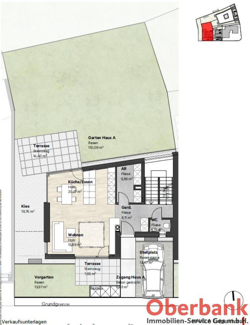 Grundriss des Erdgeschosses mit offenem Wohn-Essbereich, Terrasse und Garten.