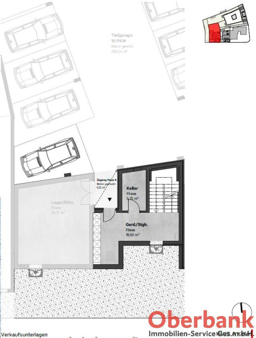 Grundriss des Untergeschosses mit Kellerraum, Abstellraum und Tiefgaragenstellplätzen.