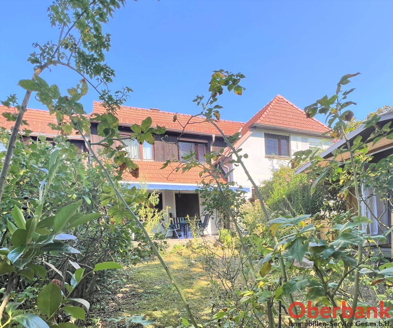 Rückansicht des Hauses mit Terrasse und Garten, umgeben von üppigem Grün unter blauem Himmel.