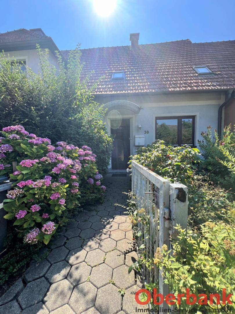 Eingangsbereich des Hauses mit gepflastertem Weg und blühenden Hortensien im Vorgarten.