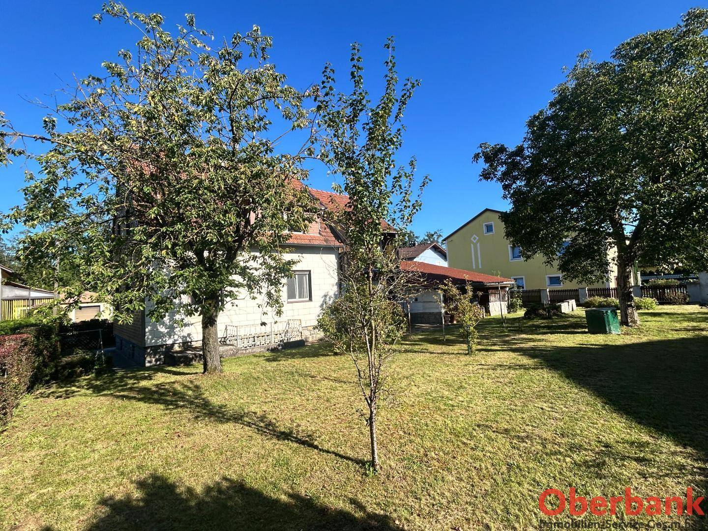 Sonniger Garten mit Rasenfläche und jungen Bäumen, umgeben von weiterer Bebauung.