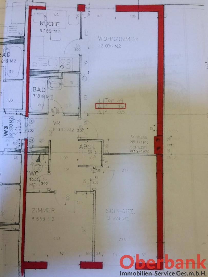 Grundrissplan einer Wohnung mit mehreren Zimmern, Bad und WC.