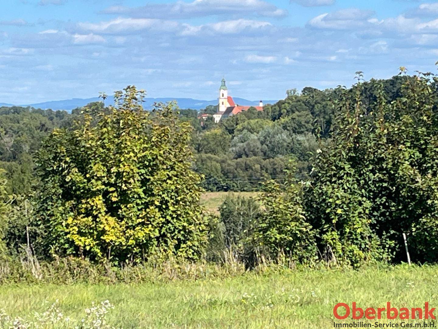 Panoramablick über eine grüne Landschaft mit einem historischen Kirchengebäude in der Ferne.