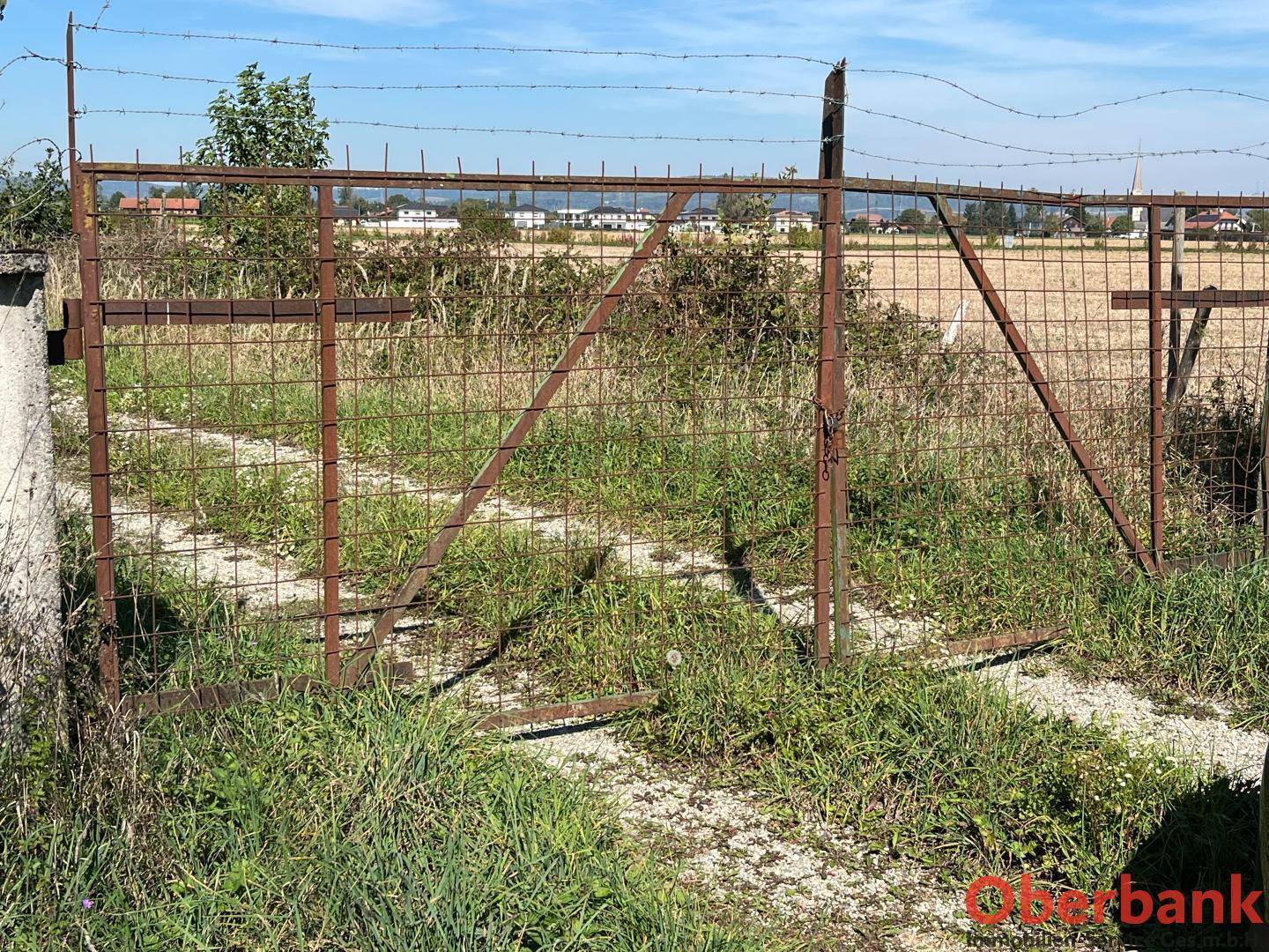 Ein rostiges Metalltor mit Stacheldraht begrenzt ein verwildertes Feld mit Häusern in der Ferne.