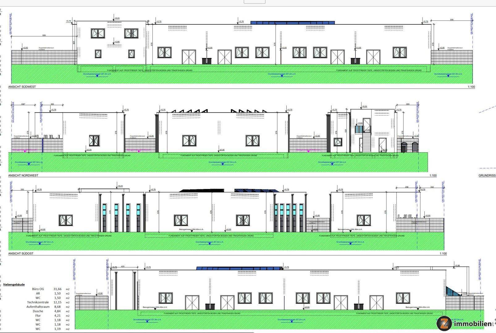Mehrere architektonische Ansichten zeigen die Fassaden der Gebäude mit Fenstern und Türen.