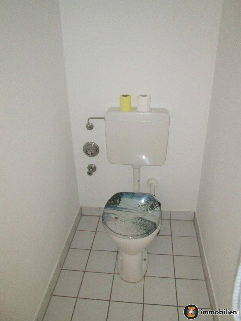 Separates WC mit Fliesenboden und einem auffälligen Toilettendeckel in hellem Design.