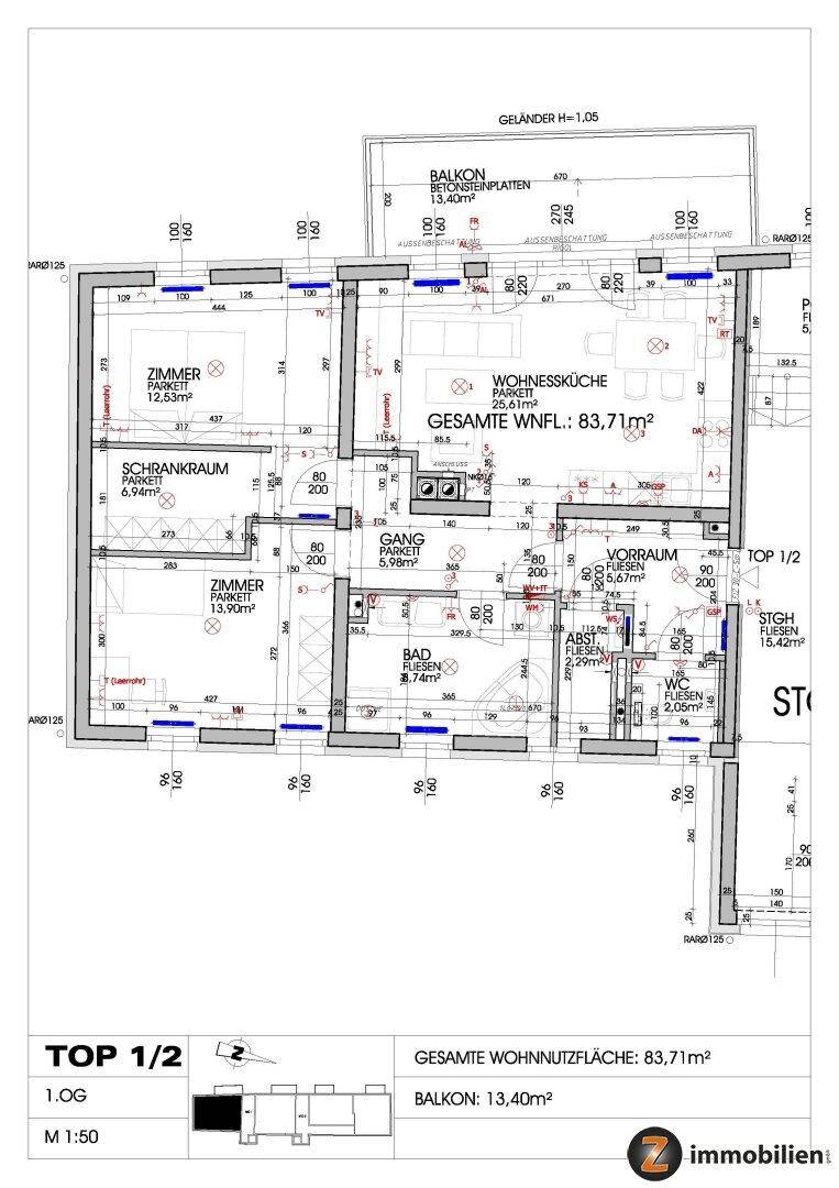 Grundriss der Wohnung TOP 1/2 mit 83,71m² Wohnfläche und Balkon.