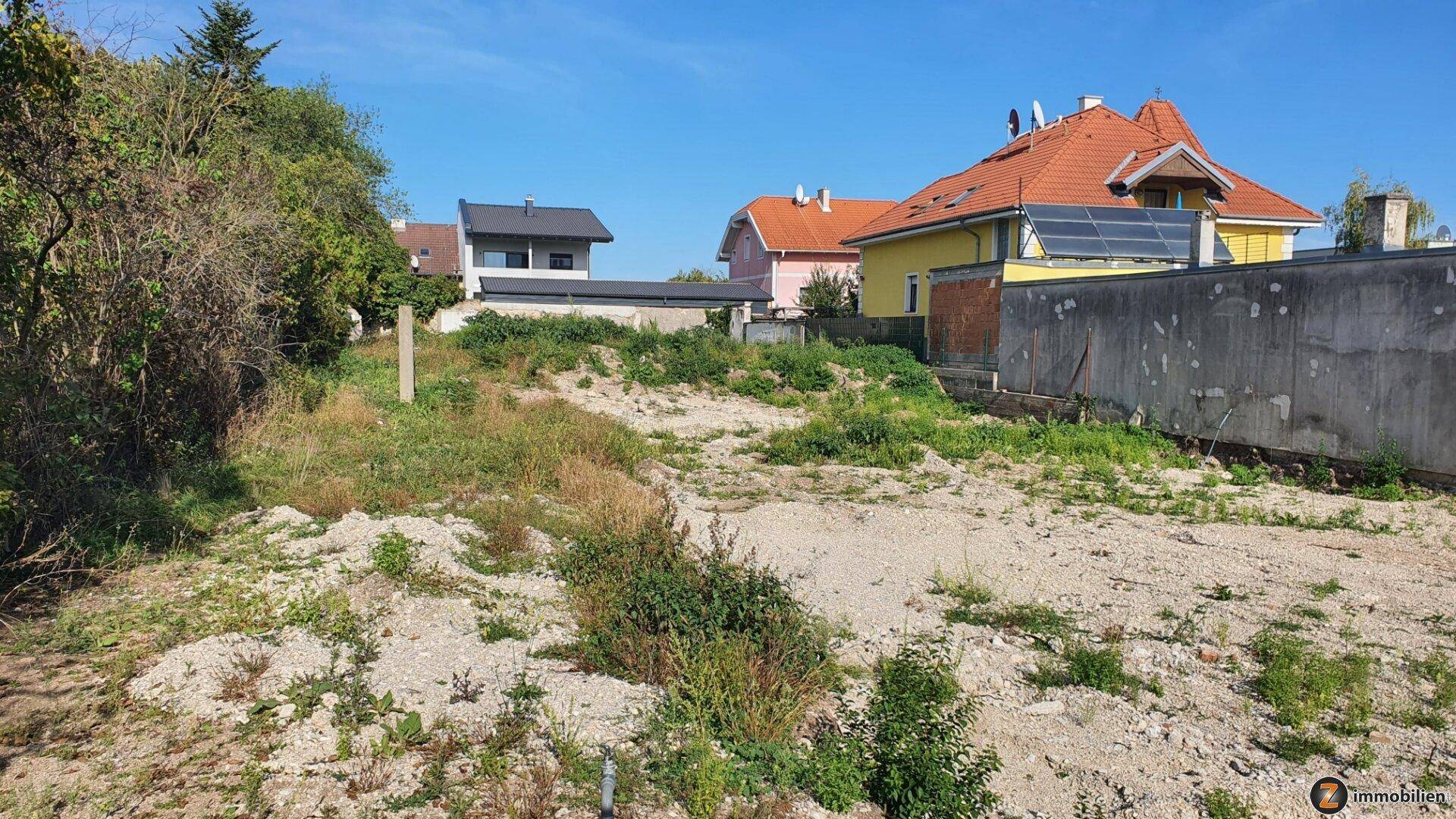 Weitläufiges unbebautes Grundstück mit leichter Hanglage und angrenzenden Wohnhäusern.