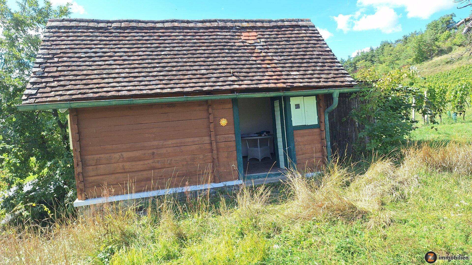 Kleine rustikale Holzhütte mit Schindeldach auf einem grasbewachsenen Hang, mit offener Tür.