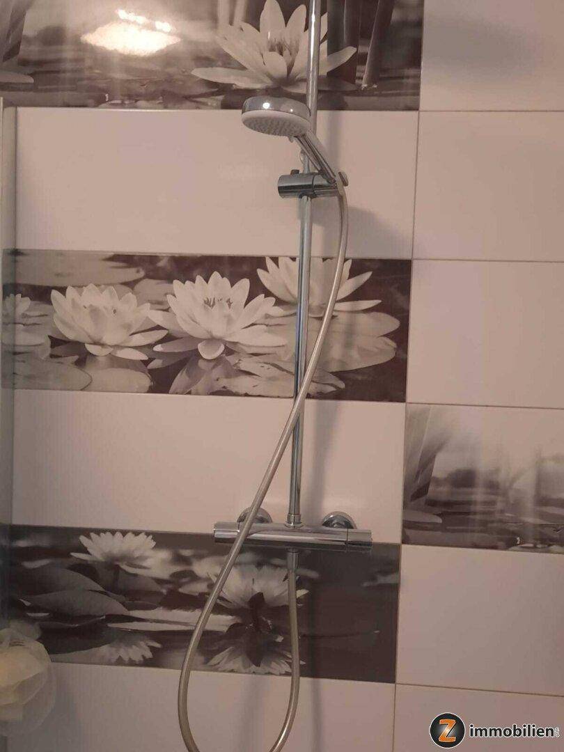 Duschbereich im Badezimmer mit modernen Armaturen und dekorativen Fliesen.