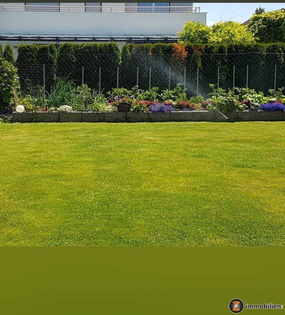Gepflegter Rasenbereich mit einem bunten Blumenbeet und einer hohen Hecke im Hintergrund.