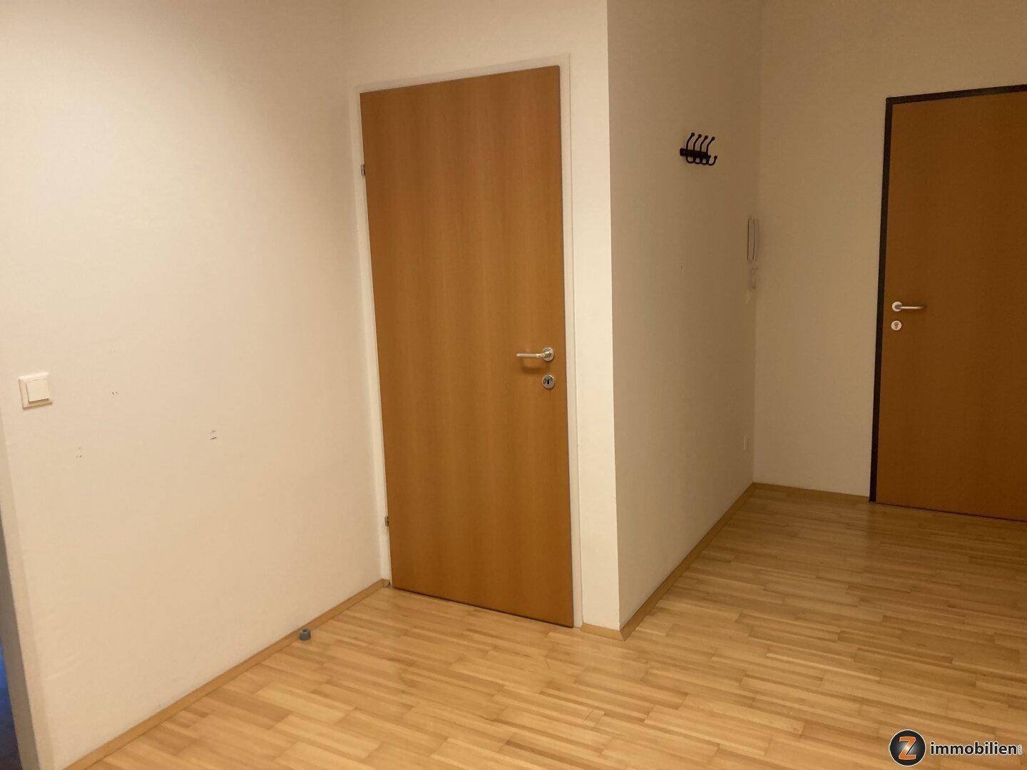 Eingangsbereich oder Flur mit Holztüren und einem Kleiderhaken an der Wand.