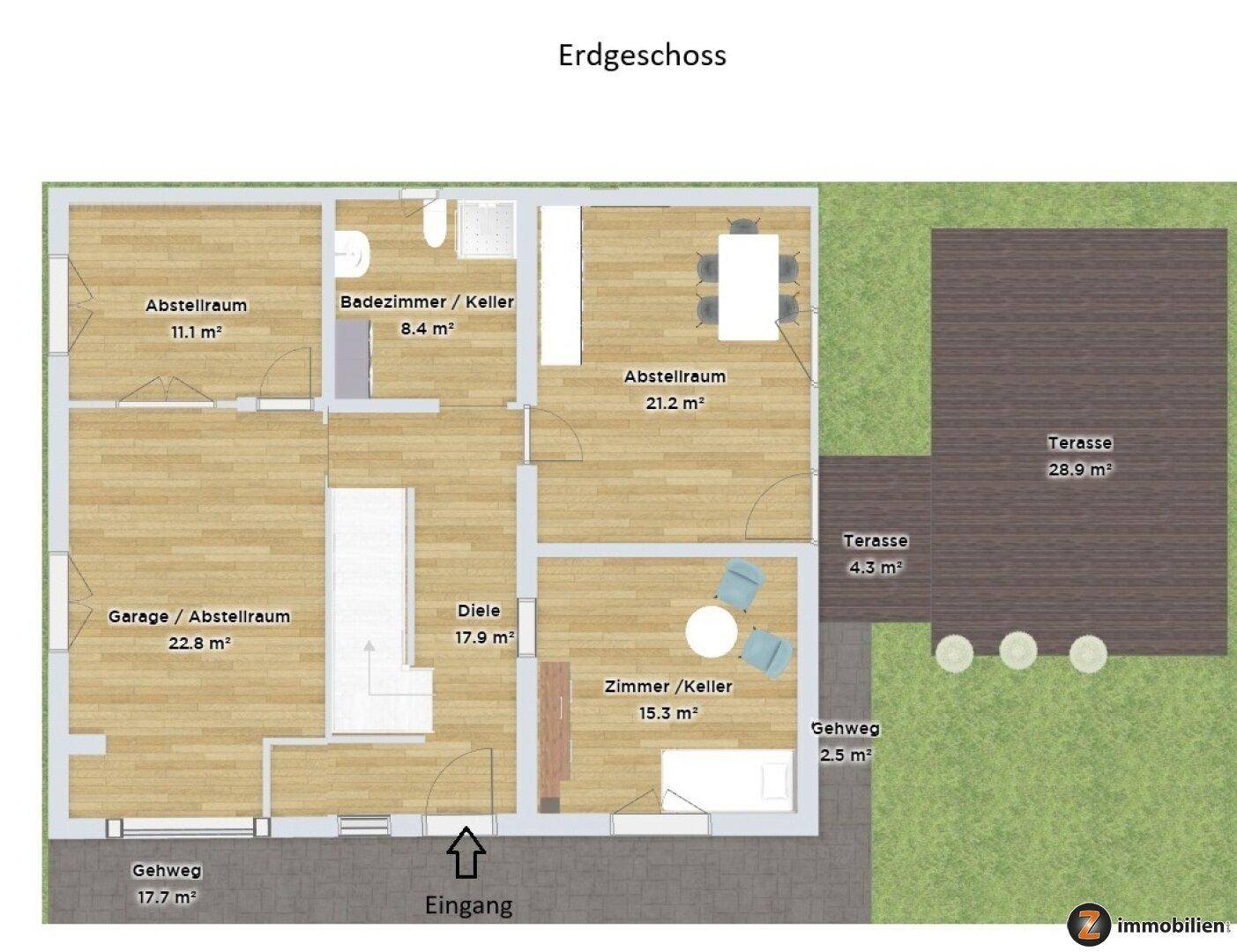 Grundriss des Erdgeschosses mit Diele, Bad, Abstellräumen, Garage und zwei Terrassen.
