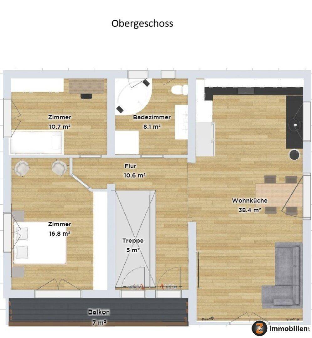 Grundriss des Obergeschosses mit Wohnküche, zwei Zimmern, Bad und Balkon.