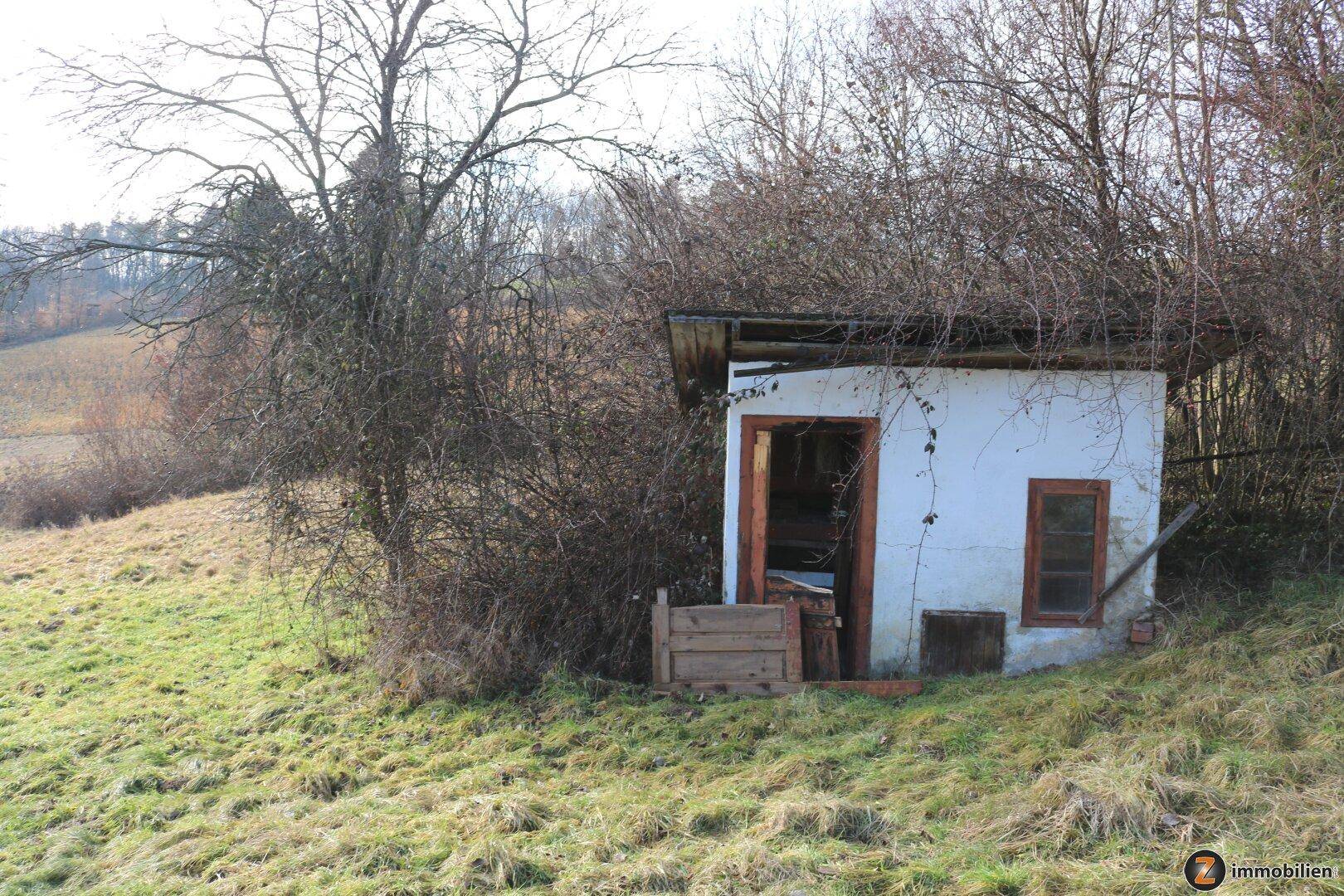 Kleines weißes Nebengebäude, umgeben von Sträuchern, auf dem grünen, abfallenden Grundstück.
