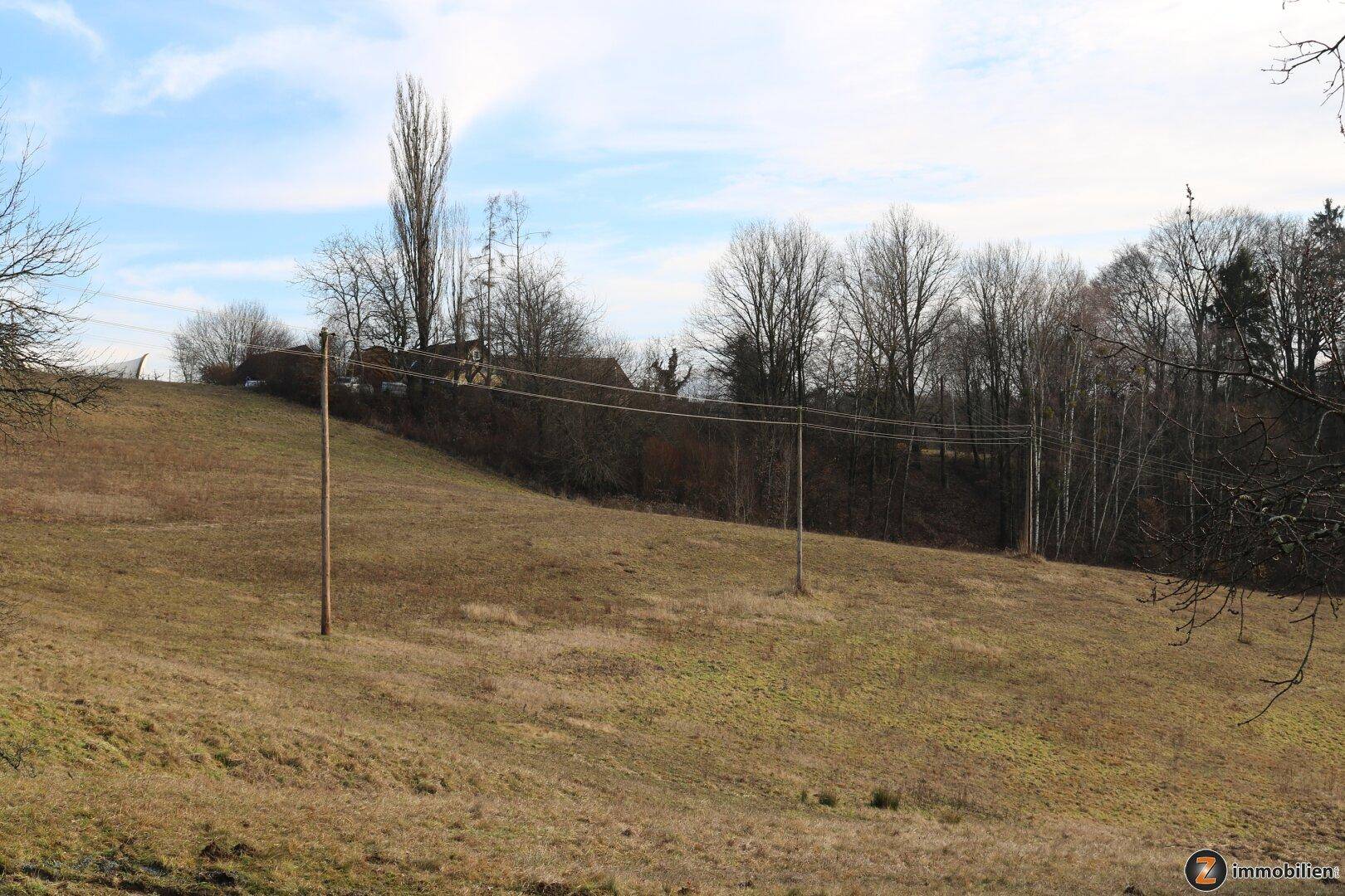 Weitläufiges, abfallendes Feld mit Stromleitungen in einer offenen, ländlichen Landschaft.