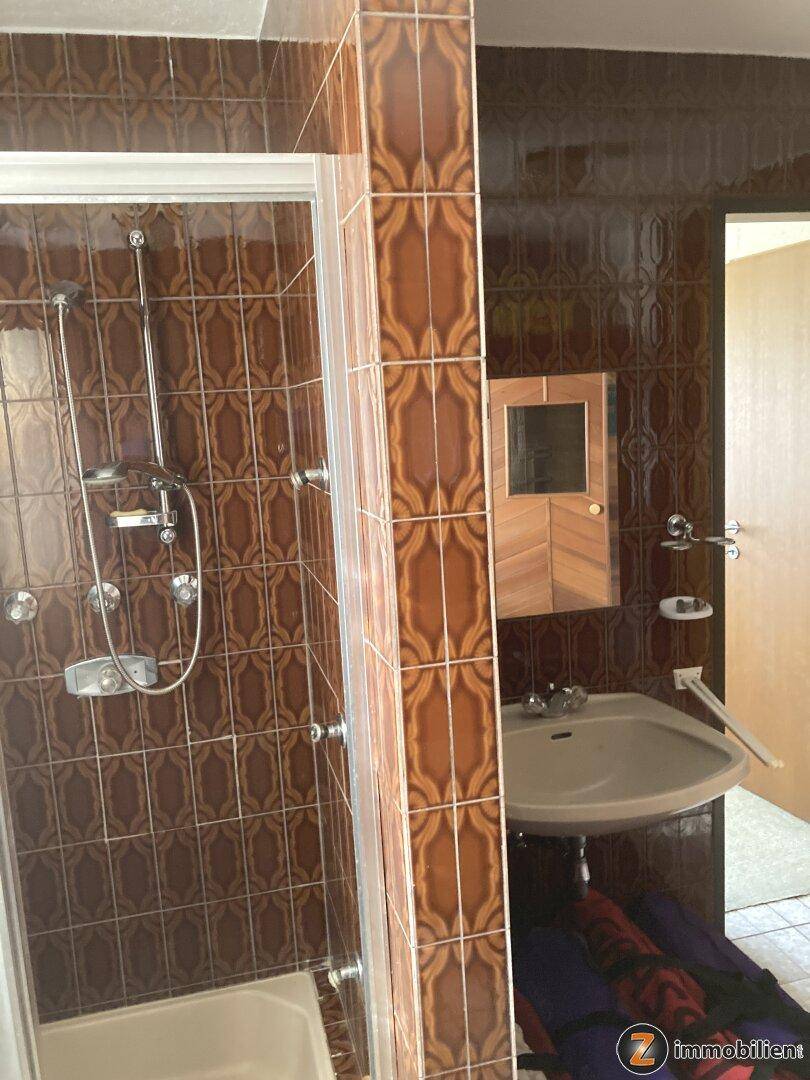 Badezimmer mit Dusche, Waschbecken und braunen Fliesen im Retro-Stil.
