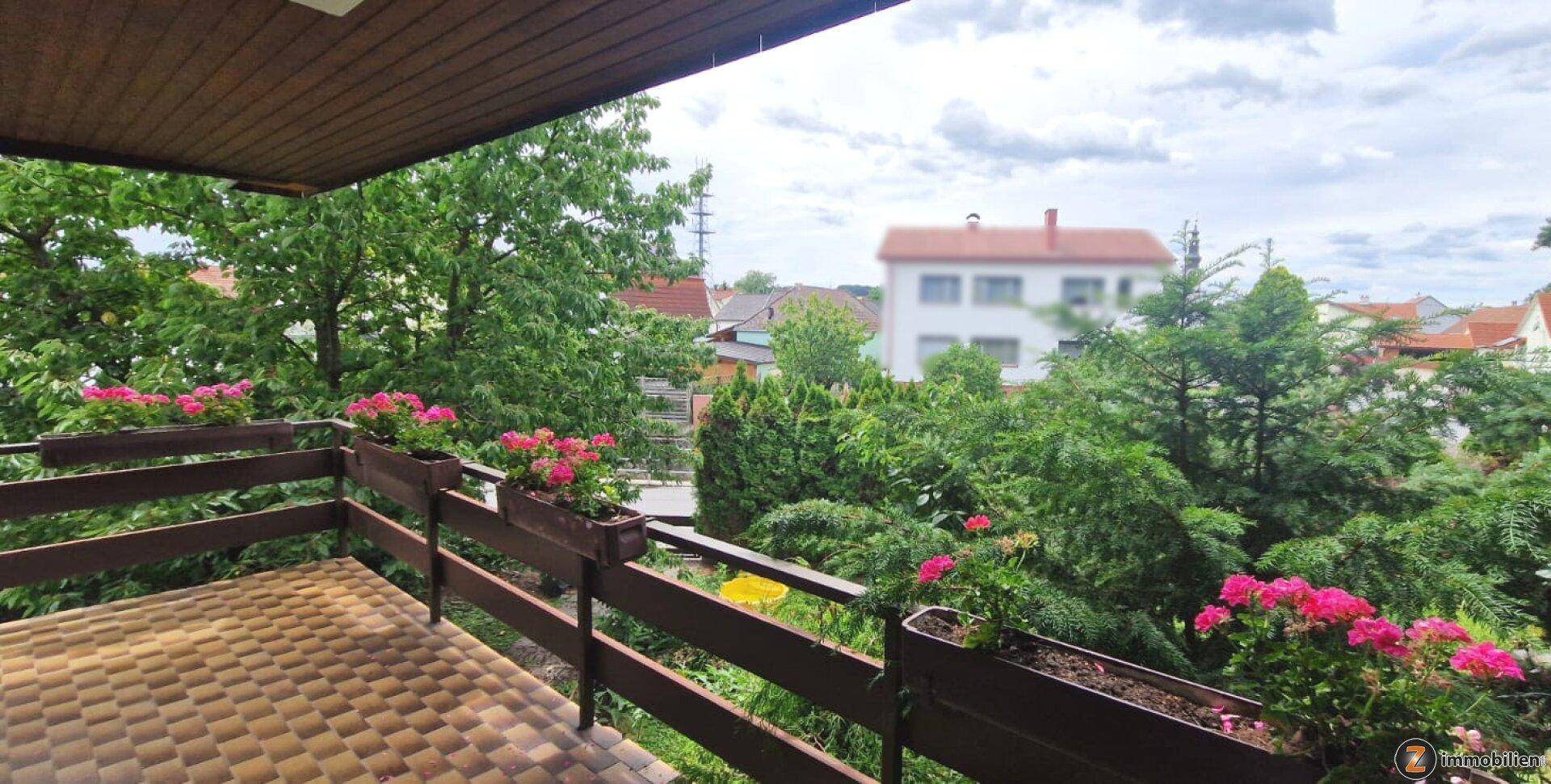 Balkon mit Blumenkästen und Blick ins Grüne sowie auf benachbarte Häuser.