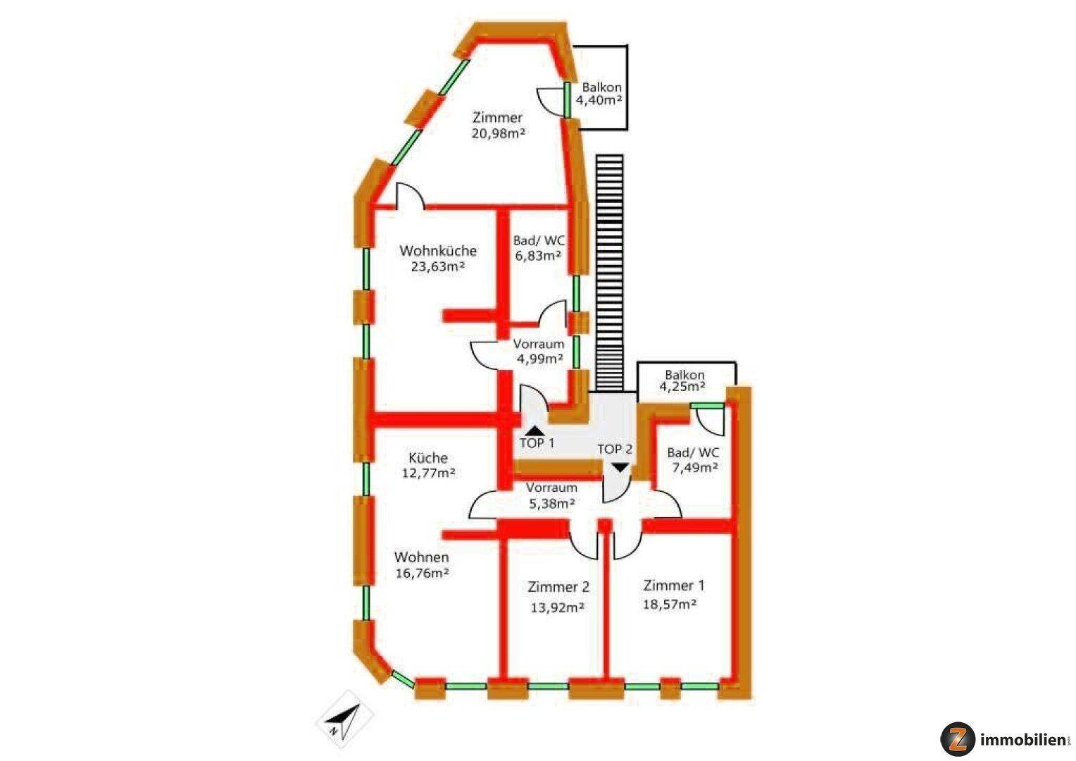 Grundrissplan einer Wohnung mit Wohnküche, zwei Schlafzimmern und zwei Balkonen.