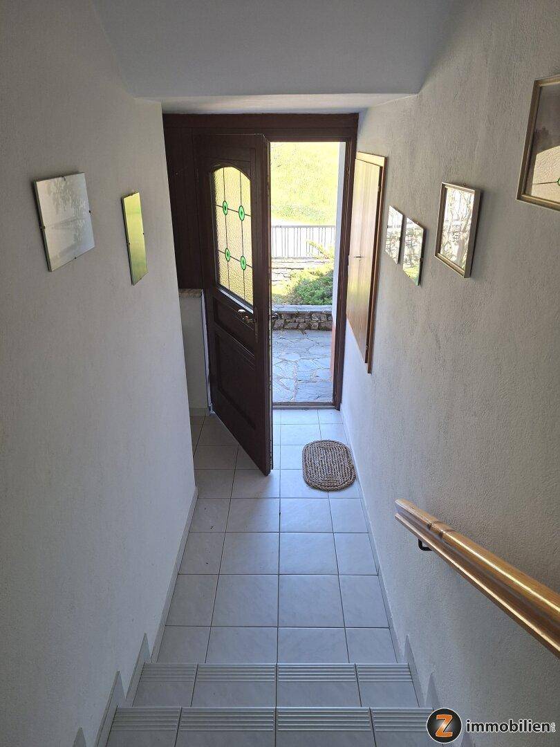 Eingangsbereich mit gefliestem Boden und Treppe, die zur Haustür führt.