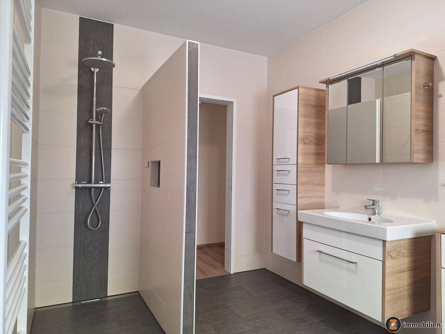 Modernes Badezimmer mit begehbarer Dusche, Waschtisch und Spiegelschrank.