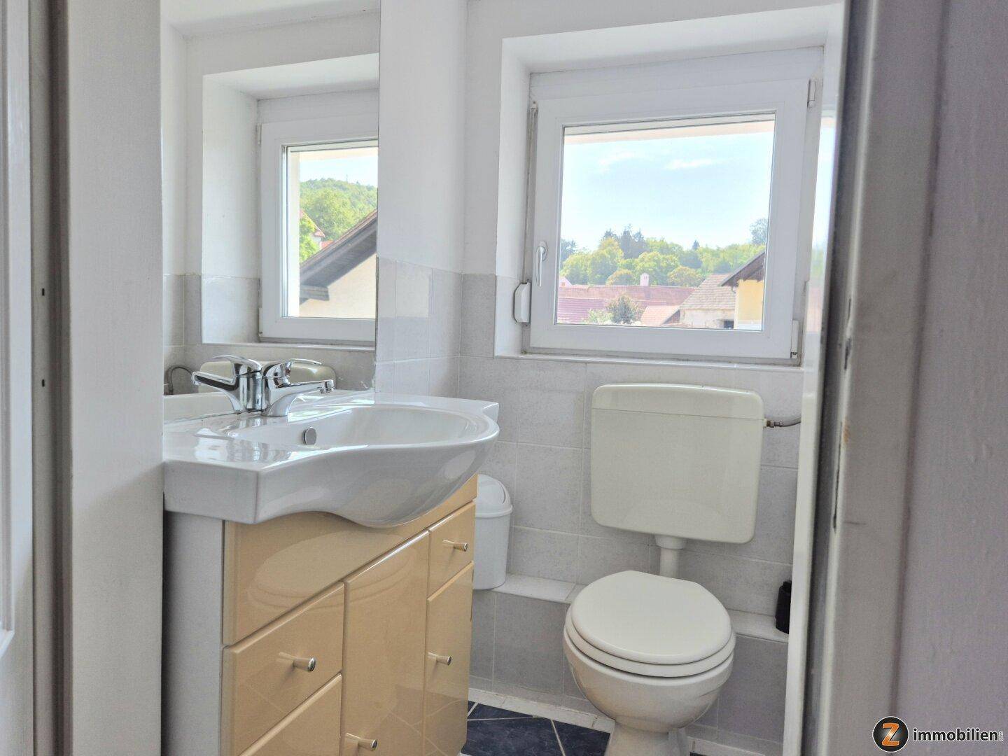 Kleines Badezimmer mit Waschtisch, Toilette und zwei Fenstern für Tageslicht.