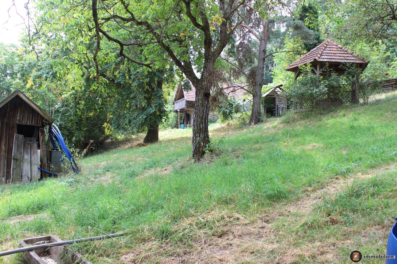 Großer Gartenbereich mit Rasenfläche, Bäumen, Gartenhaus und einem Pavillon.