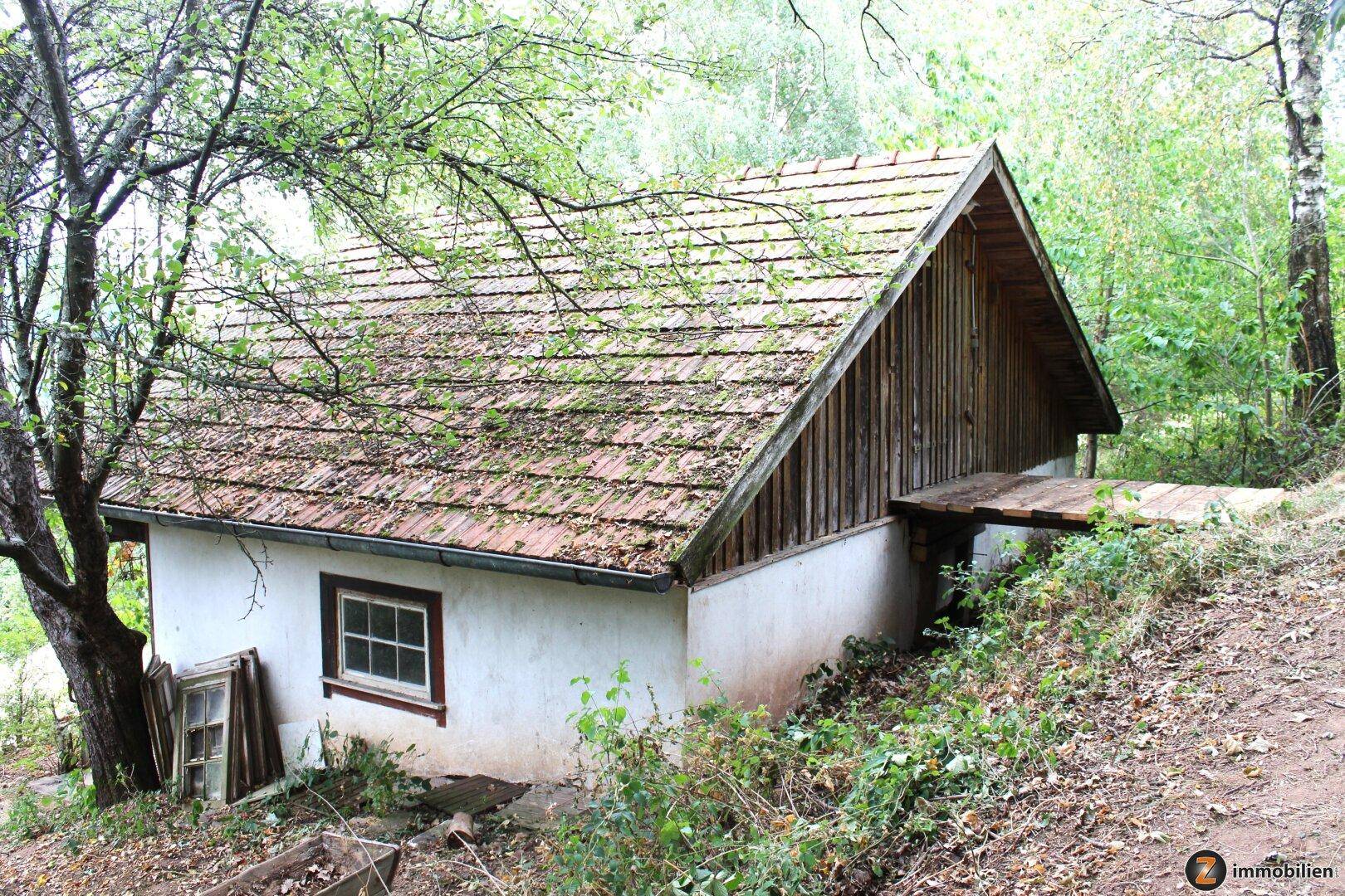 Kleines Nebengebäude mit weißer Fassade und Ziegeldach, umgeben von Vegetation.