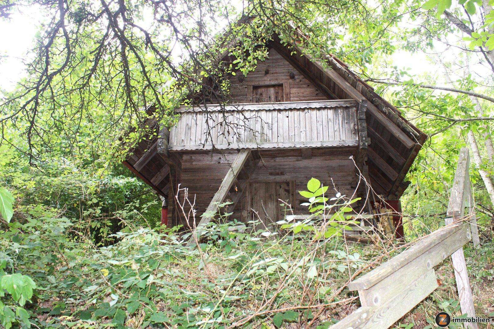 Rustikale Holzhütte mit Balkon, umgeben von dichtem Grün und Bäumen.