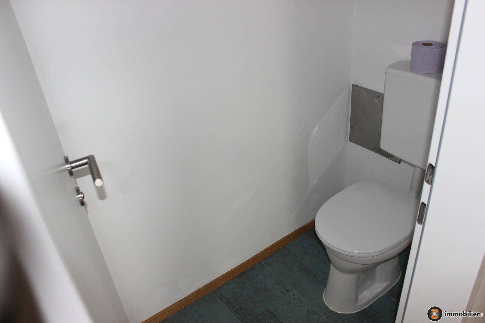 Kleines separates WC mit wandhängender Toilette und dunklem Fliesenboden.