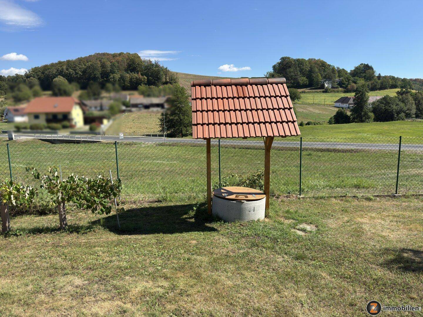 Traditioneller Brunnen im Gartenbereich mit Reben und ländlicher Umgebung unter blauem Himmel.
