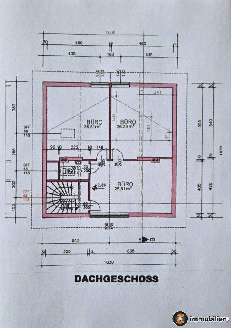 Grundriss des Dachgeschosses mit drei Büroräumen und einem WC.