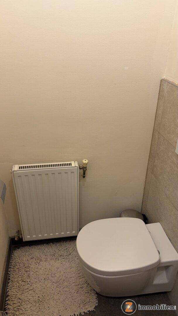 Separates WC mit wandhängender Toilette, Heizkörper und einem kleinen Teppich.