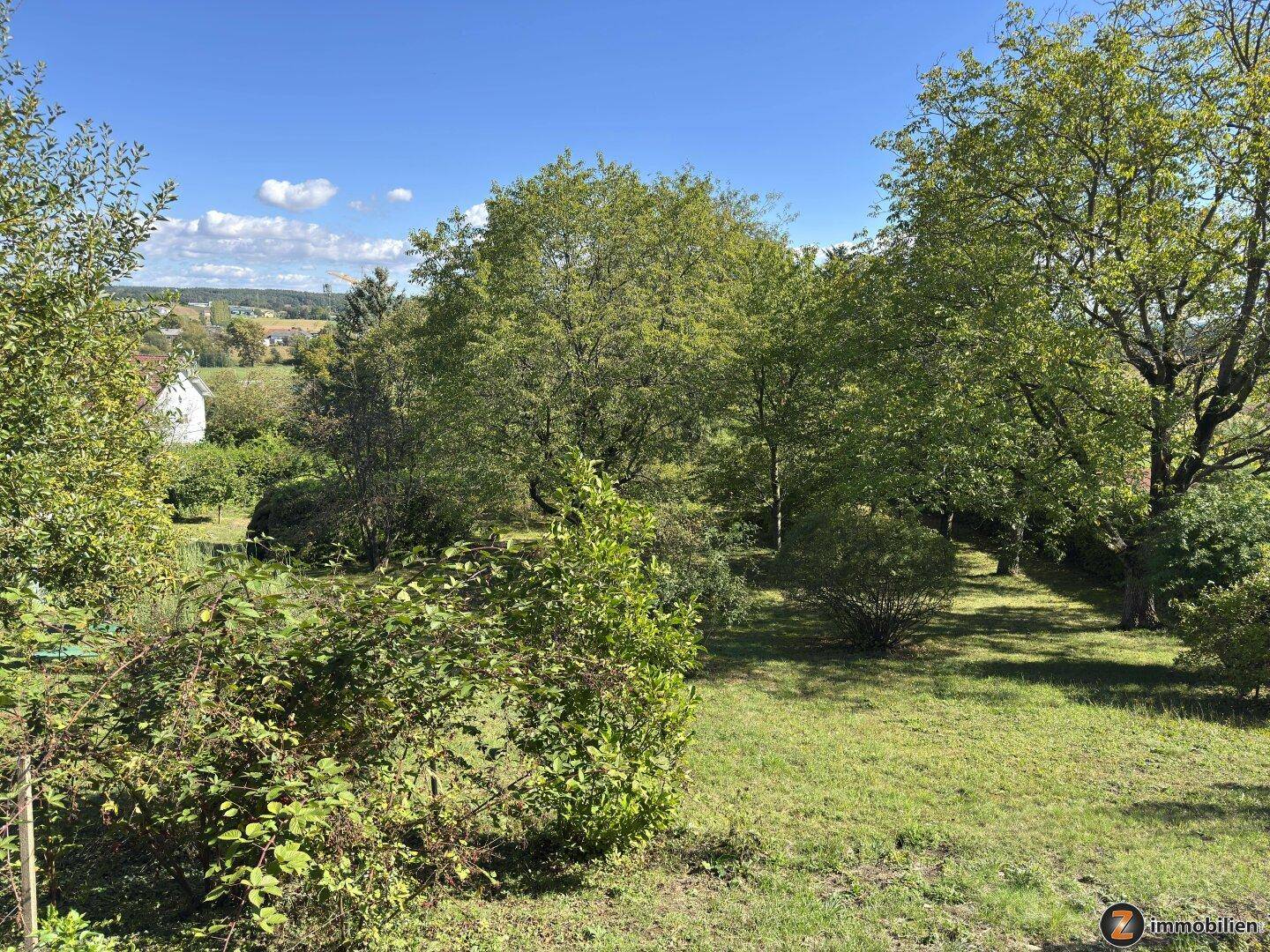 Weitläufiger Garten mit Rasenflächen und verschiedenen Bäumen unter blauem Himmel.