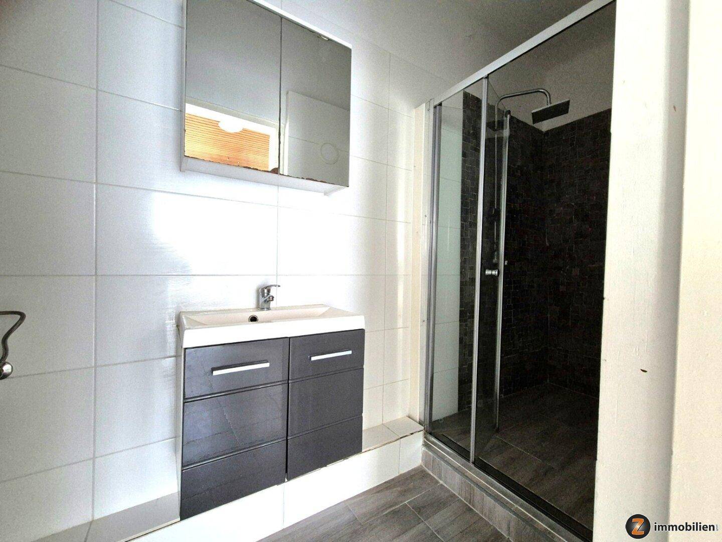 Modernes Badezimmer mit Duschkabine, Waschbeckenunterschrank und Spiegelschrank über dem Waschbecken.