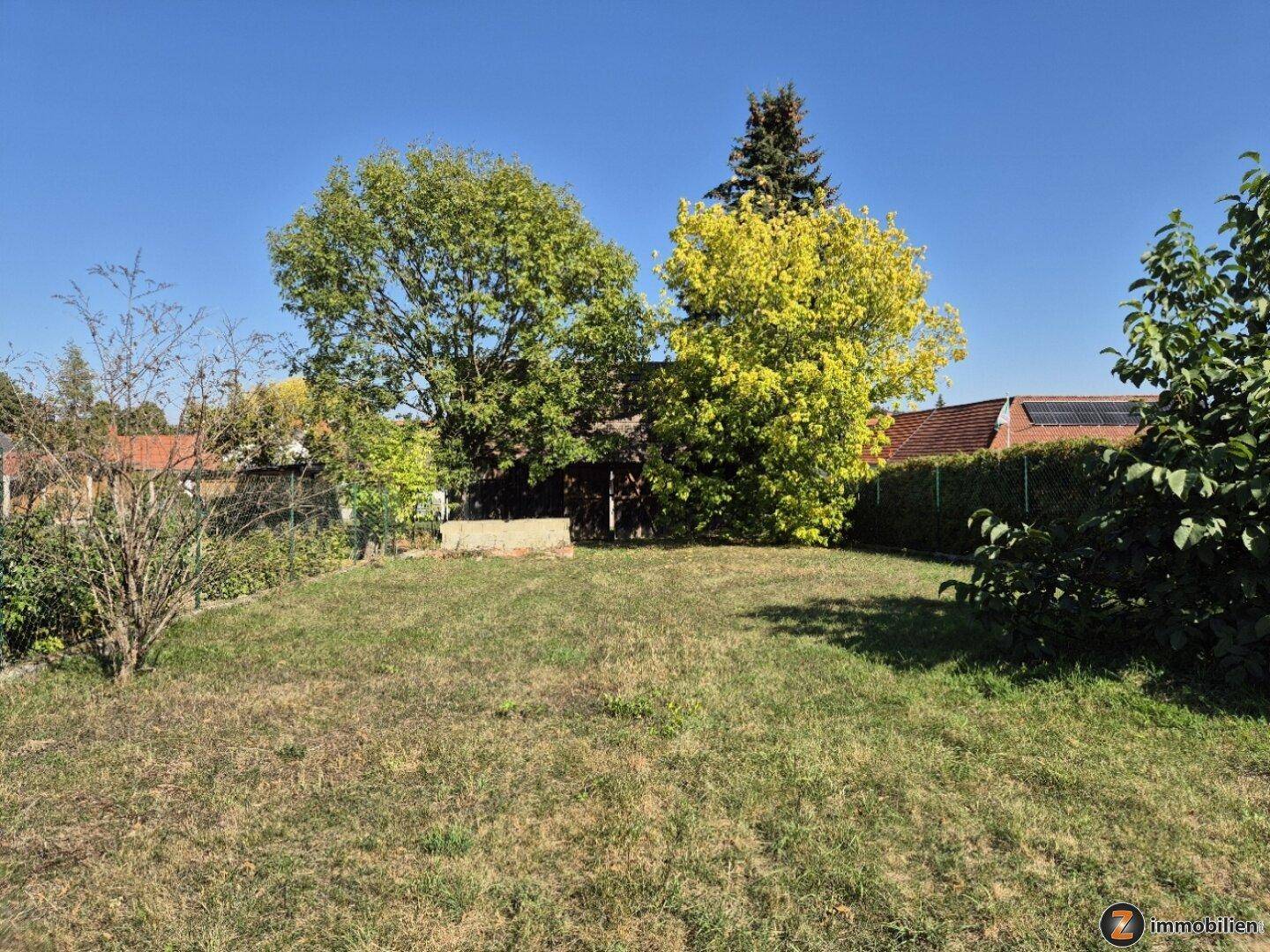 Großer, sonniger Gartenbereich mit Rasenfläche und verschiedenen Bäumen unter klarem blauem Himmel.