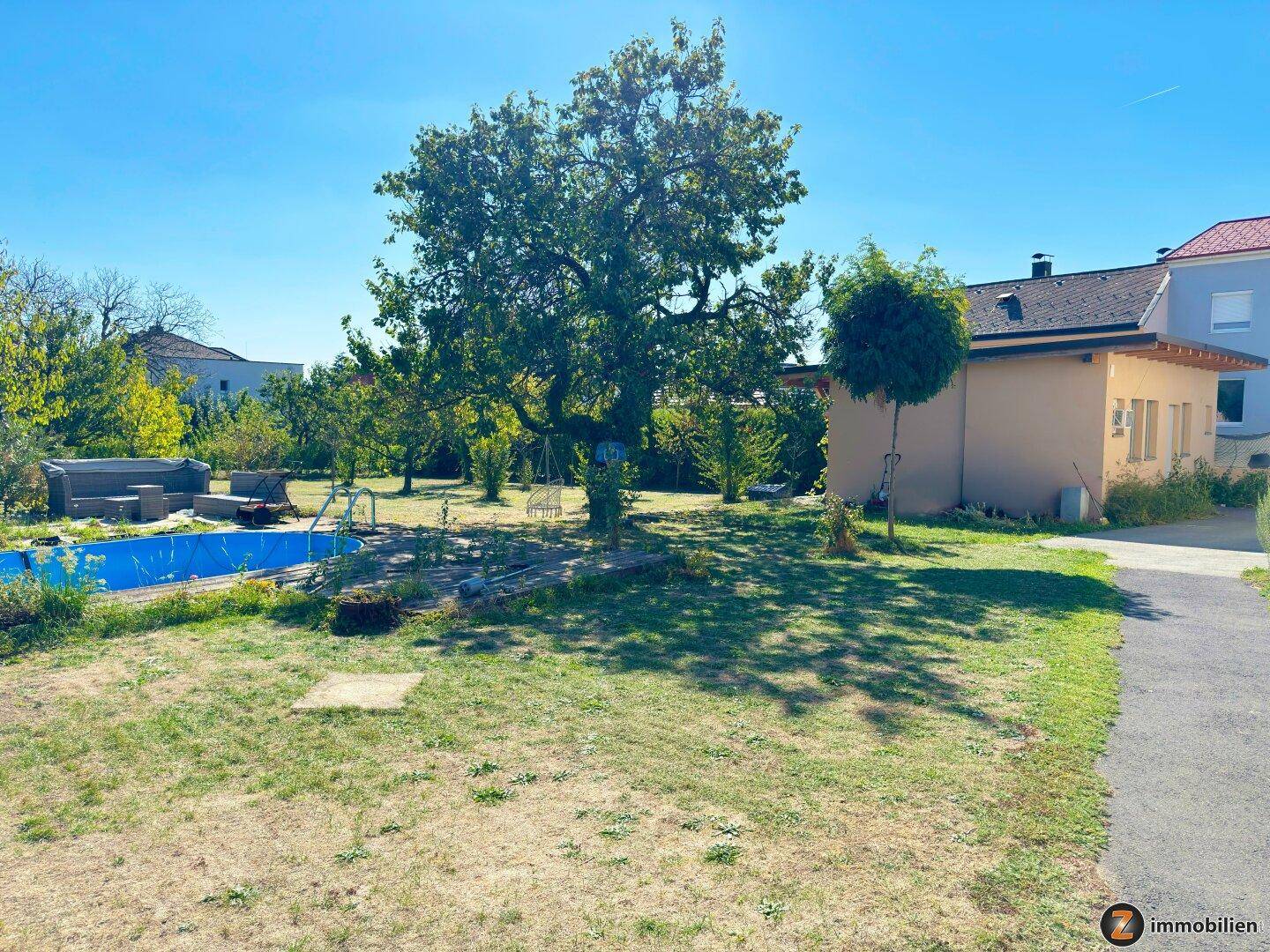 Weitläufiger Garten mit großem Baum, Pool und viel Grünfläche unter blauem Himmel.
