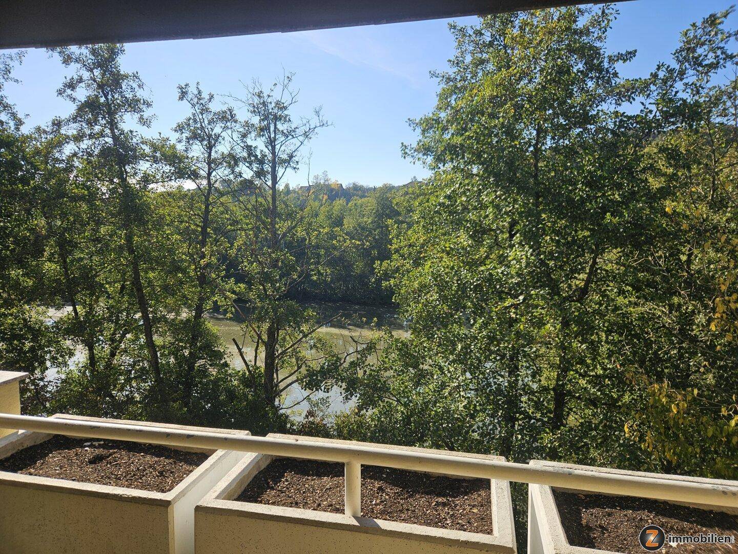 Panoramablick vom Balkon auf grüne Bäume und einen Fluss oder See in der Ferne.