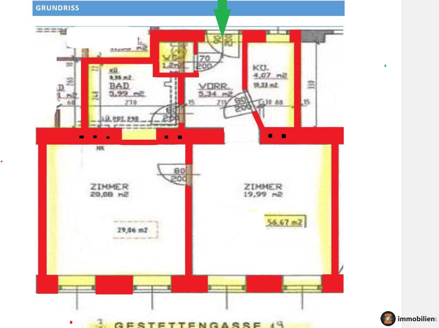 Detaillierter Grundriss einer Wohnung mit Bad, separatem WC, Küche, Vorraum und zwei Zimmern.