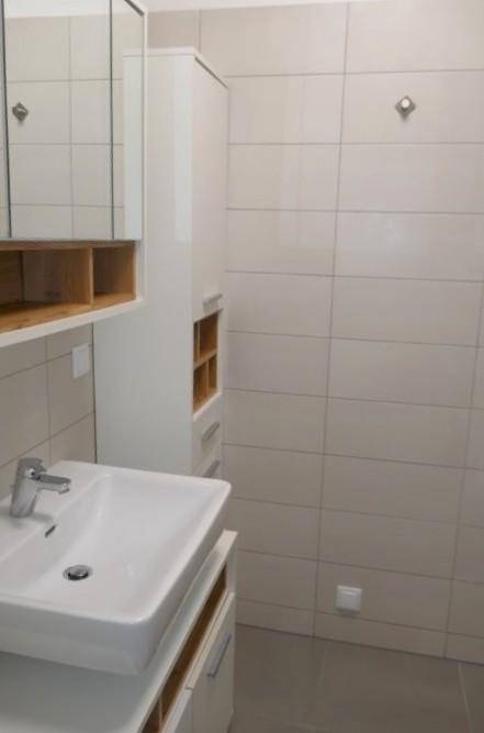 Badezimmer mit Einzelwaschbecken, Spiegelschrank und hohem Stauraumschrank.